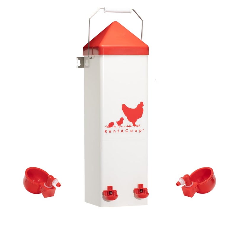 RentACoop 2 Gallon Chicken Waterer with Auto-Fill Cups, Horizontal Nipples, Anti-Roost Cone and Mounting Kit - Suitable for Chickens, Quail, Ducks, Geese, Turkey and More - Image 1